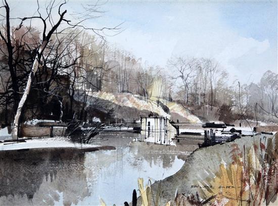 § Rowland Hilder (1905-1993) Loch near Teston, Kent, 9.5 x 13in.